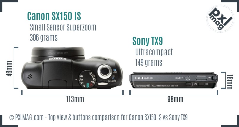 Canon SX150 IS vs Sony TX9 top view buttons comparison