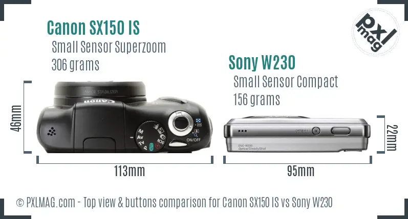 Canon SX150 IS vs Sony W230 top view buttons comparison