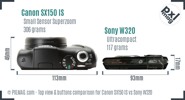Canon SX150 IS vs Sony W320 top view buttons comparison