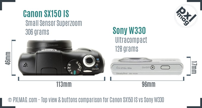 Canon SX150 IS vs Sony W330 top view buttons comparison