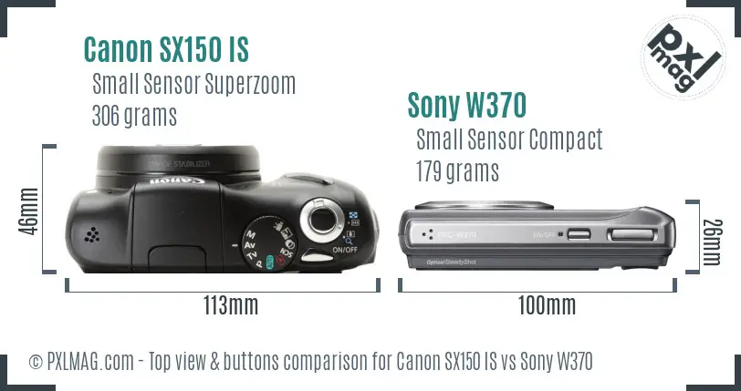 Canon SX150 IS vs Sony W370 top view buttons comparison Canon SX150 IS vs Sony W370 top view buttons comparison