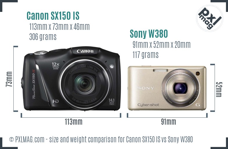 Canon SX150 IS vs Sony W380 size comparison