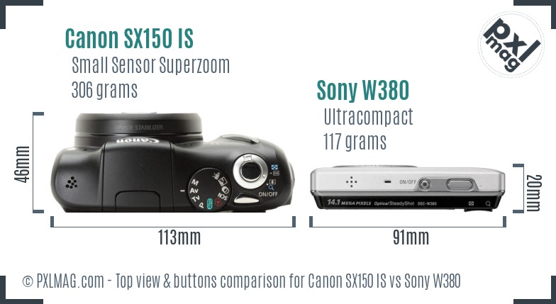 Canon SX150 IS vs Sony W380 top view buttons comparison
