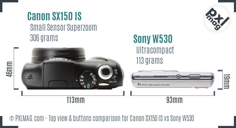Canon SX150 IS vs Sony W530 top view buttons comparison
