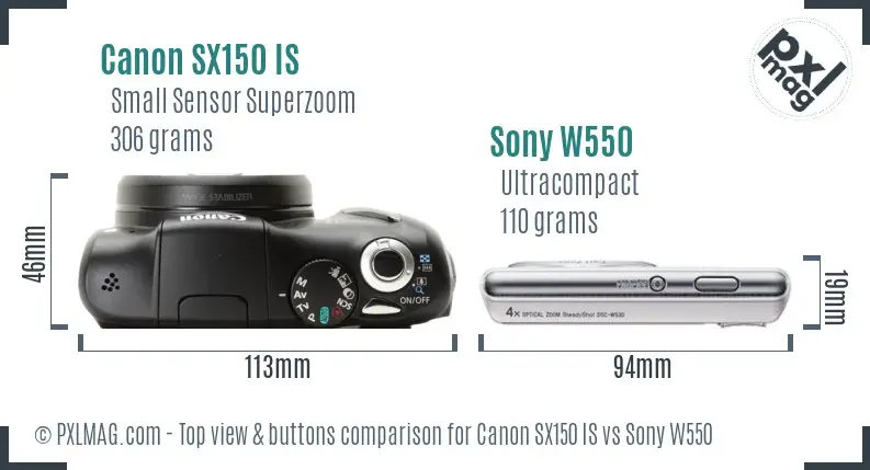 Canon SX150 IS vs Sony W550 top view buttons comparison