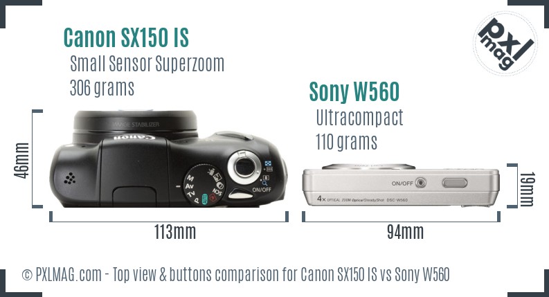 Canon SX150 IS vs Sony W560 top view buttons comparison