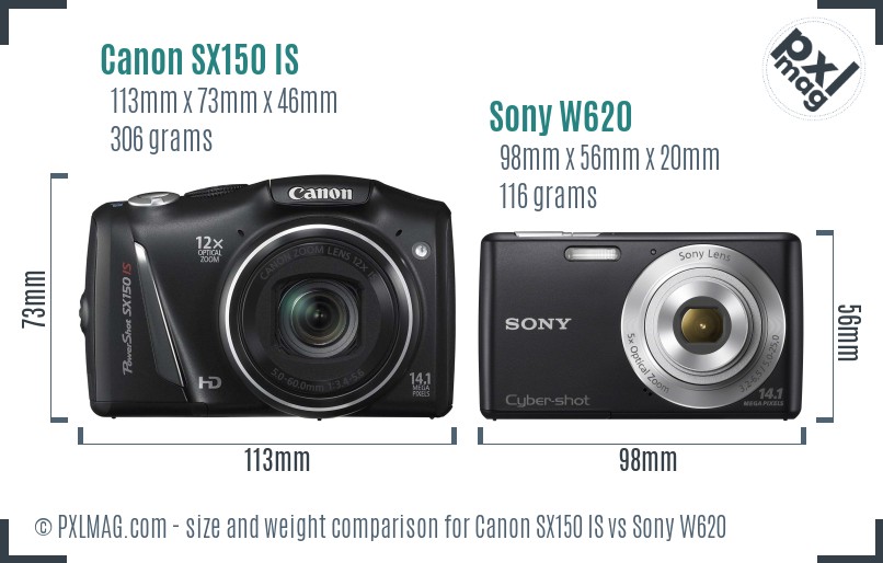 Canon SX150 IS vs Sony W620 size comparison