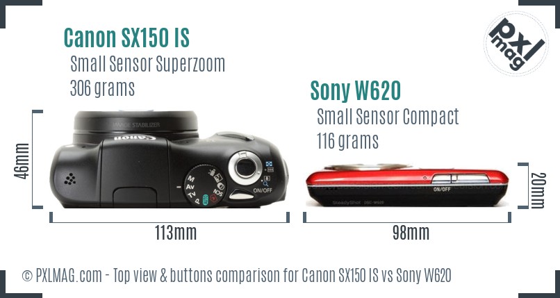 Canon SX150 IS vs Sony W620 top view buttons comparison
