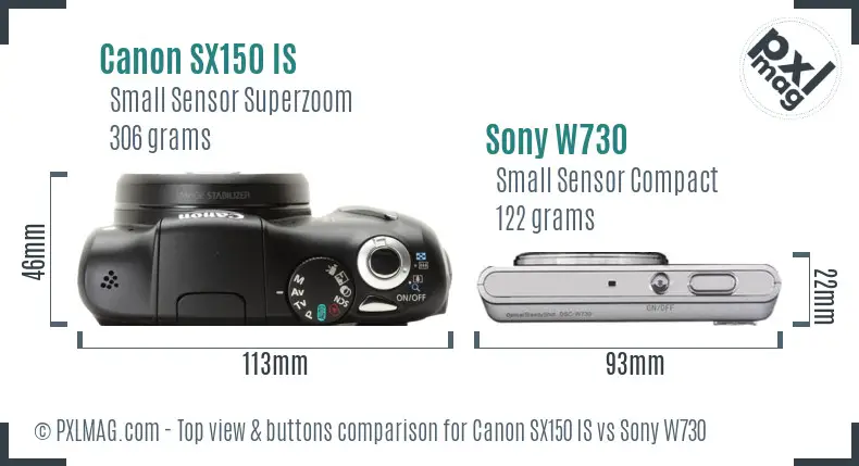 Canon SX150 IS vs Sony W730 top view buttons comparison Canon SX150 IS vs Sony W730 top view buttons comparison
