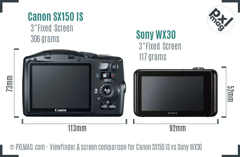 Canon SX150 IS vs Sony WX30 Screen and Viewfinder comparison