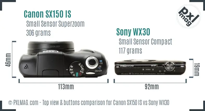 Canon SX150 IS vs Sony WX30 top view buttons comparison