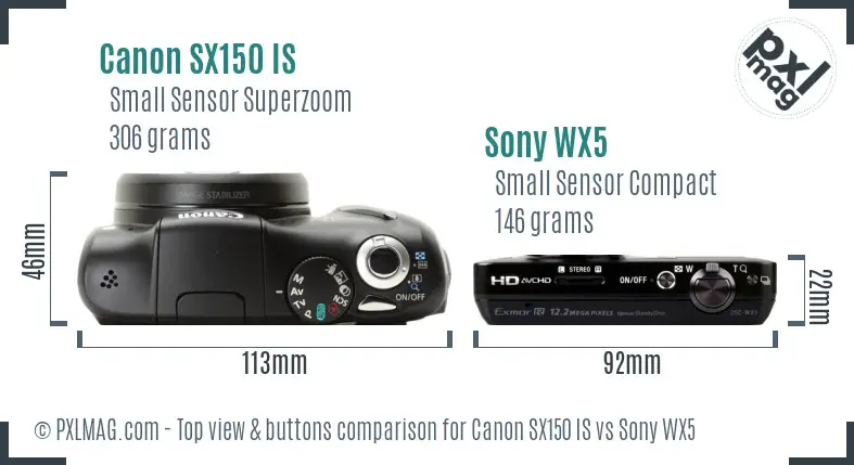Canon SX150 IS vs Sony WX5 top view buttons comparison