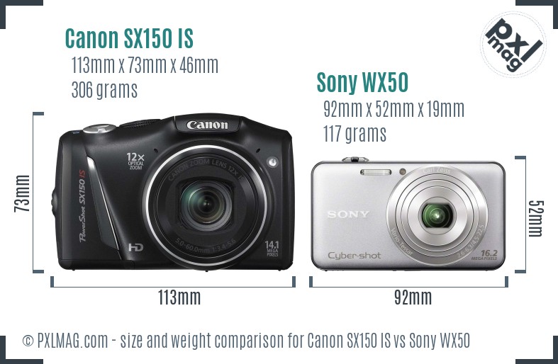 Canon SX150 IS vs Sony WX50 size comparison Canon SX150 IS vs Sony WX50 size comparison
