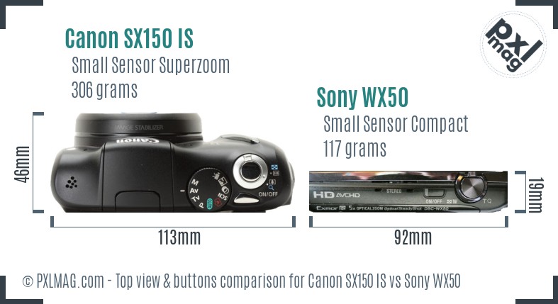 Canon SX150 IS vs Sony WX50 top view buttons comparison