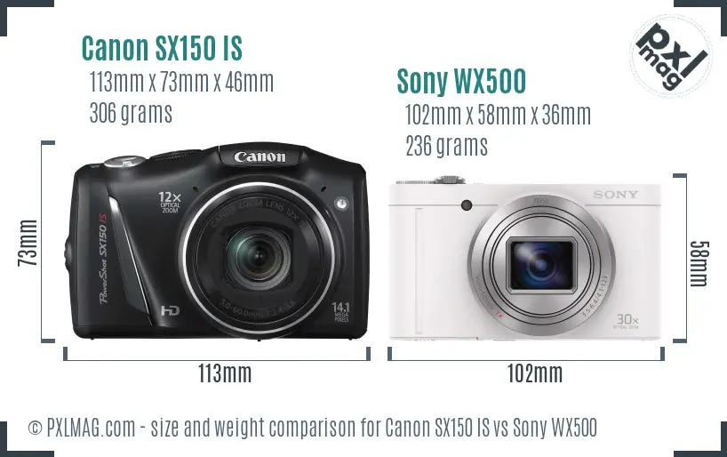 Canon SX150 IS vs Sony WX500 size comparison