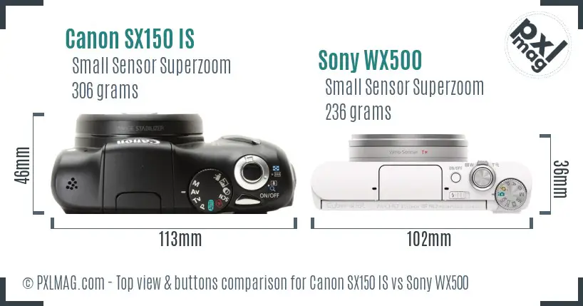 Canon SX150 IS vs Sony WX500 top view buttons comparison