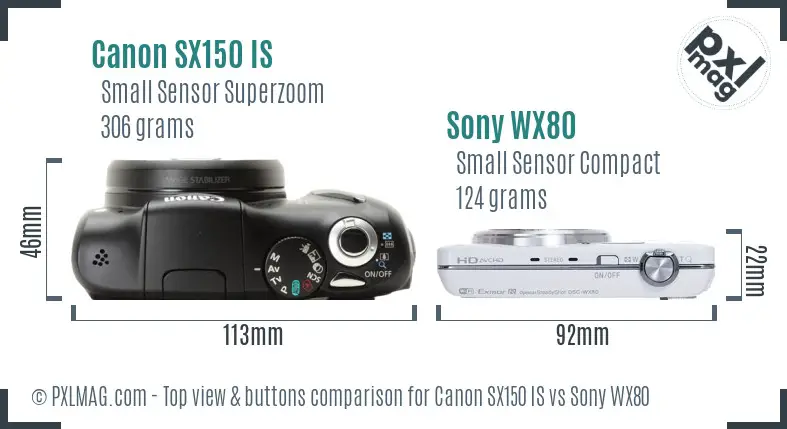 Canon SX150 IS vs Sony WX80 top view buttons comparison Canon SX150 IS vs Sony WX80 top view buttons comparison