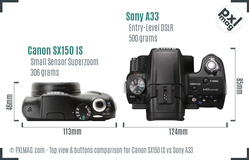 Canon SX150 IS vs Sony A33 top view buttons comparison Canon SX150 IS vs Sony A33 top view buttons comparison