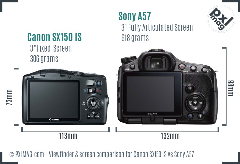 Canon SX150 IS vs Sony A57 Screen and Viewfinder comparison