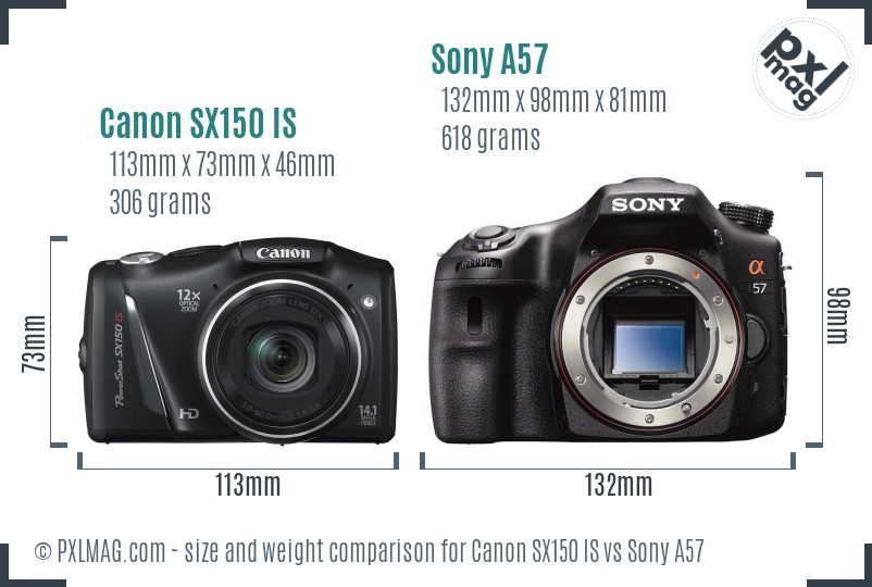 Canon SX150 IS vs Sony A57 size comparison