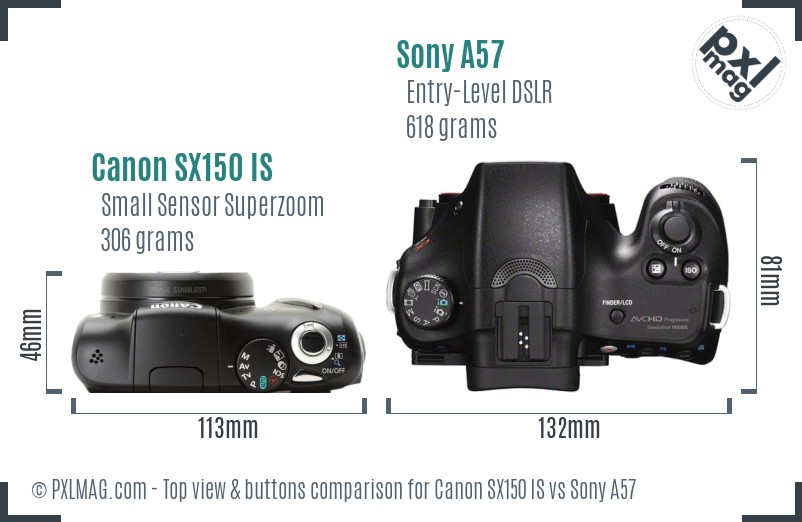 Canon SX150 IS vs Sony A57 top view buttons comparison