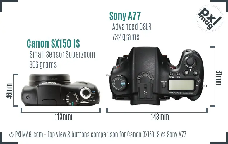 Canon SX150 IS vs Sony A77 top view buttons comparison