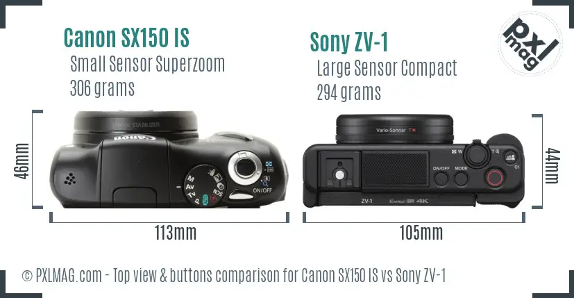 Canon SX150 IS vs Sony ZV-1 top view buttons comparison Canon SX150 IS vs Sony ZV-1 top view buttons comparison