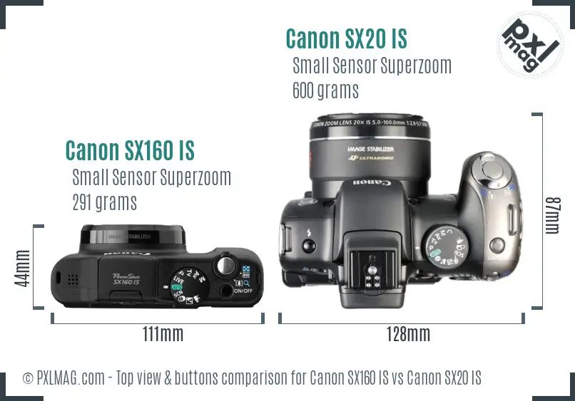 Canon SX160 IS vs Canon SX20 IS top view buttons comparison