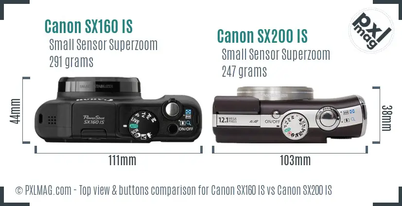 Canon SX160 IS vs Canon SX200 IS top view buttons comparison