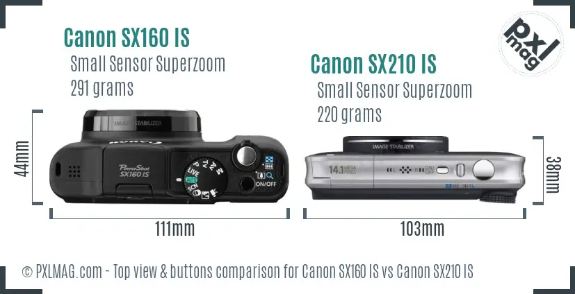Canon SX160 IS vs Canon SX210 IS top view buttons comparison