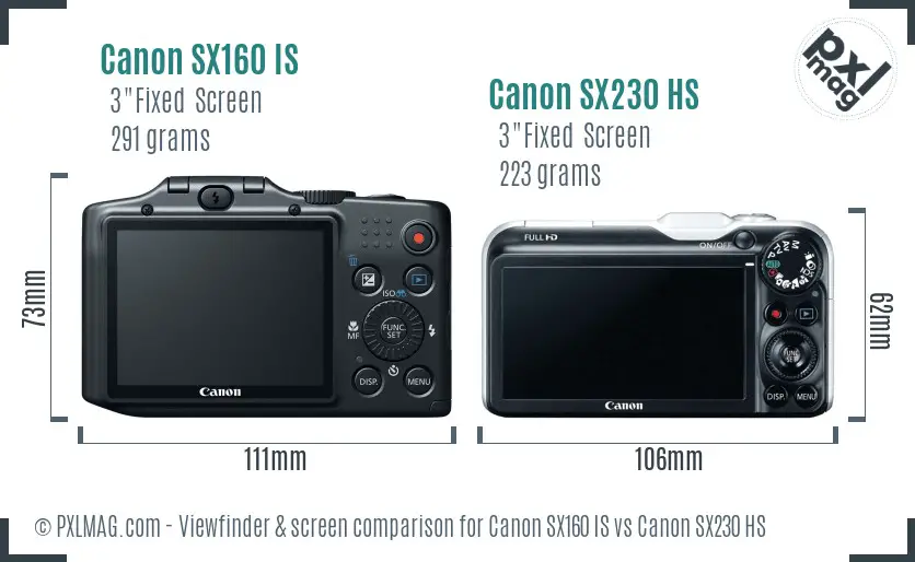 Canon SX160 IS vs Canon SX230 HS Screen and Viewfinder comparison