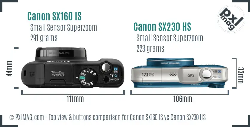Canon SX160 IS vs Canon SX230 HS top view buttons comparison