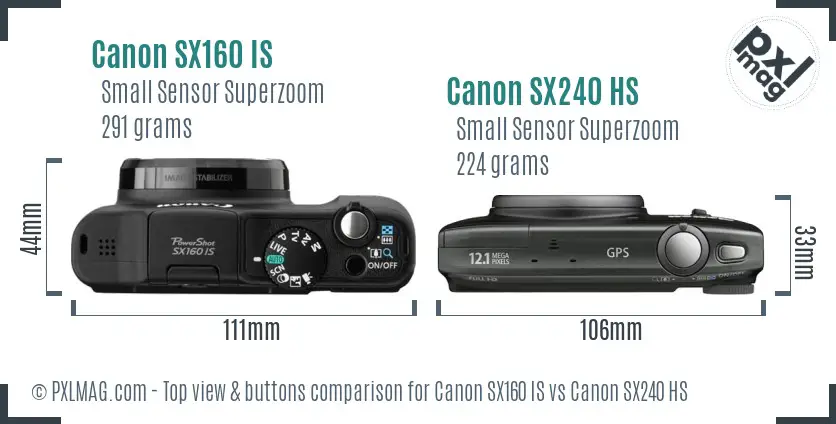 Canon SX160 IS vs Canon SX240 HS top view buttons comparison