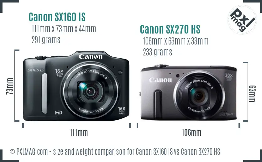 Canon SX160 IS vs Canon SX270 HS size comparison