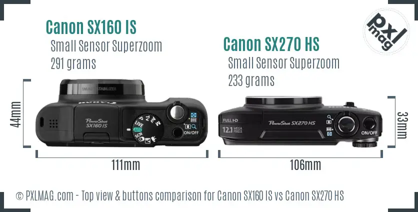 Canon SX160 IS vs Canon SX270 HS top view buttons comparison