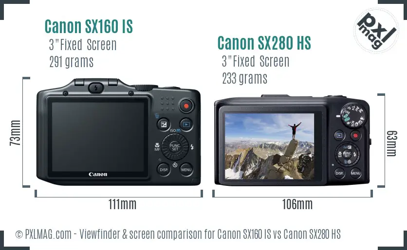 Canon SX160 IS vs Canon SX280 HS Screen and Viewfinder comparison