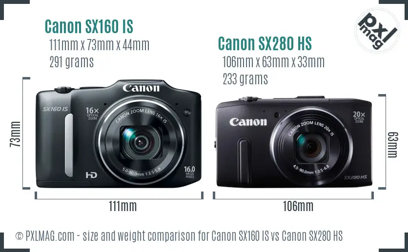 Canon SX160 IS vs Canon SX280 HS size comparison
