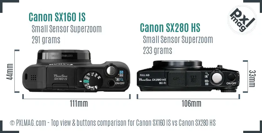Canon SX160 IS vs Canon SX280 HS top view buttons comparison
