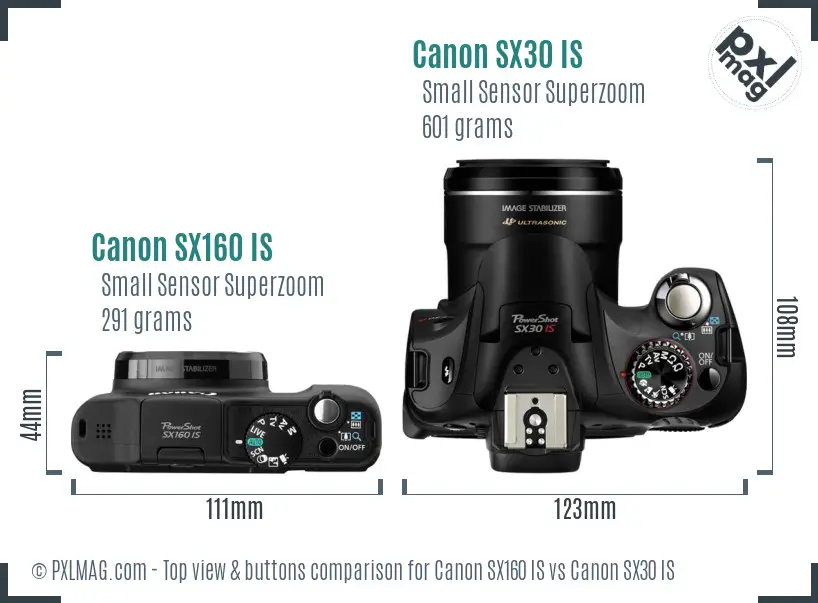 Canon SX160 IS vs Canon SX30 IS top view buttons comparison