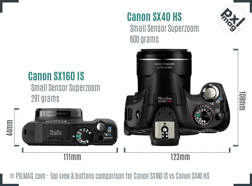 Canon SX160 IS vs Canon SX40 HS top view buttons comparison