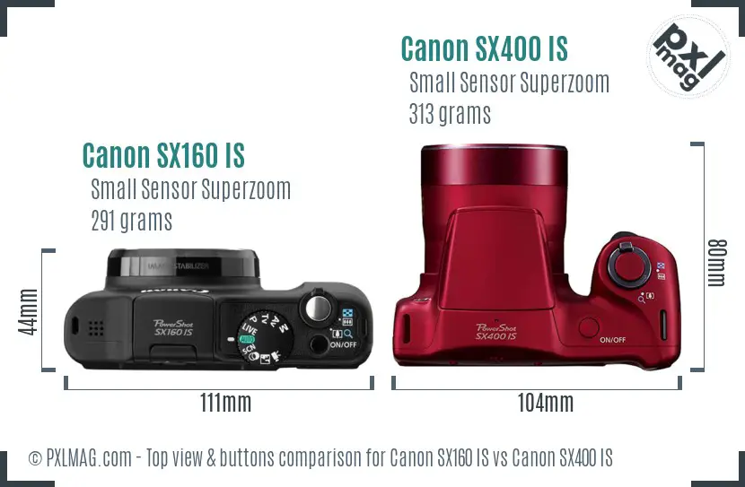 Canon SX160 IS vs Canon SX400 IS top view buttons comparison