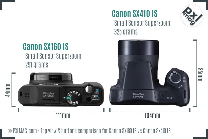 Canon SX160 IS vs Canon SX410 IS top view buttons comparison