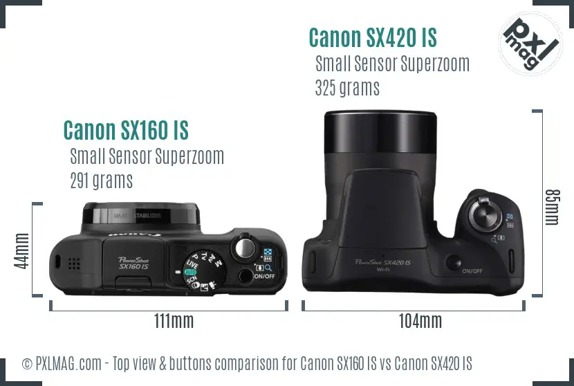 Canon SX160 IS vs Canon SX420 IS top view buttons comparison
