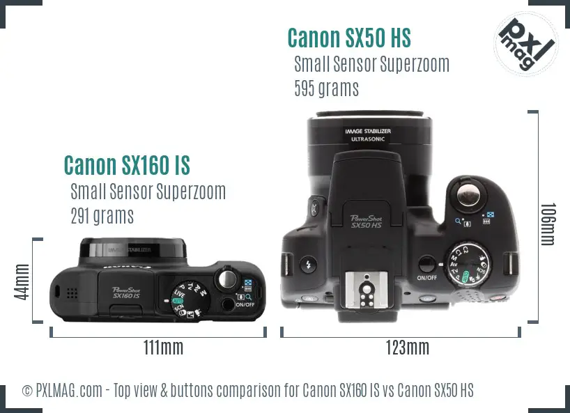 Canon SX160 IS vs Canon SX50 HS top view buttons comparison
