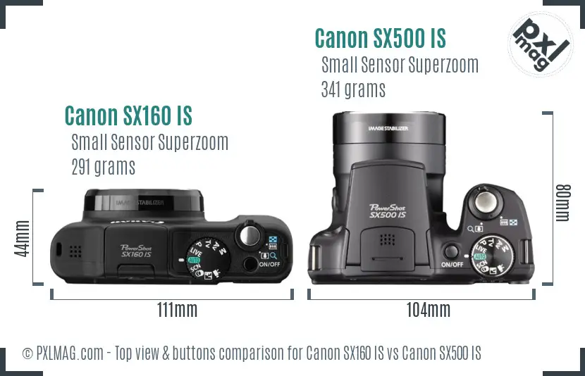 Canon SX160 IS vs Canon SX500 IS top view buttons comparison