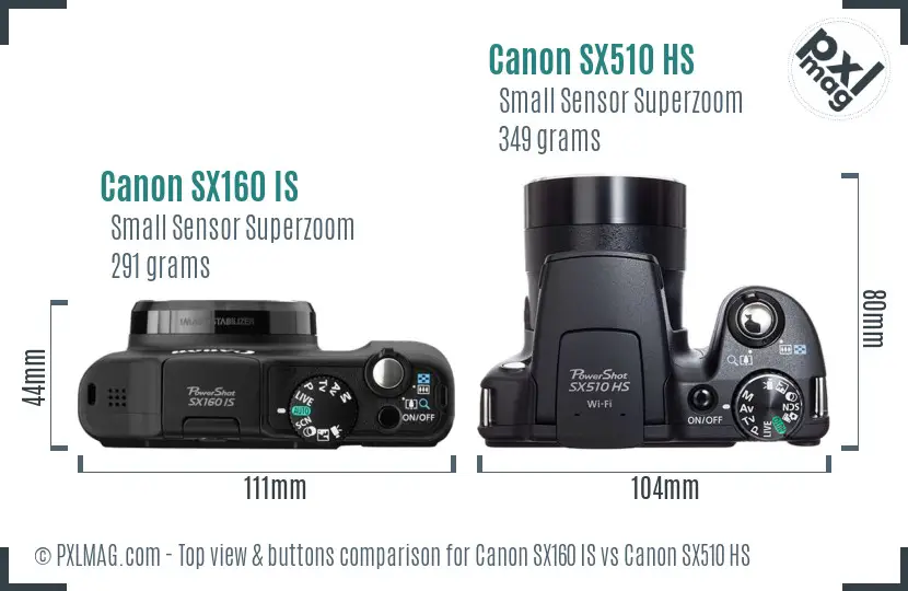 Canon SX160 IS vs Canon SX510 HS top view buttons comparison