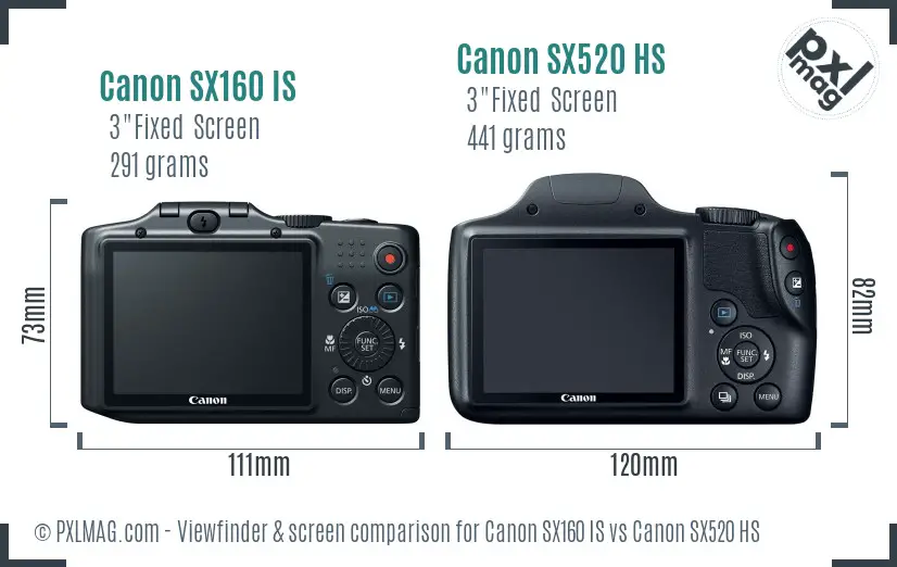 Canon SX160 IS vs Canon SX520 HS Screen and Viewfinder comparison