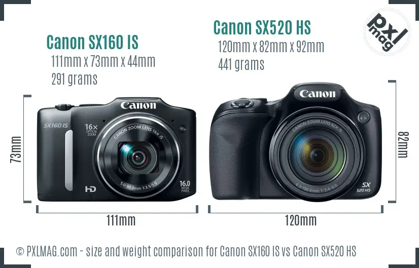 Canon SX160 IS vs Canon SX520 HS size comparison