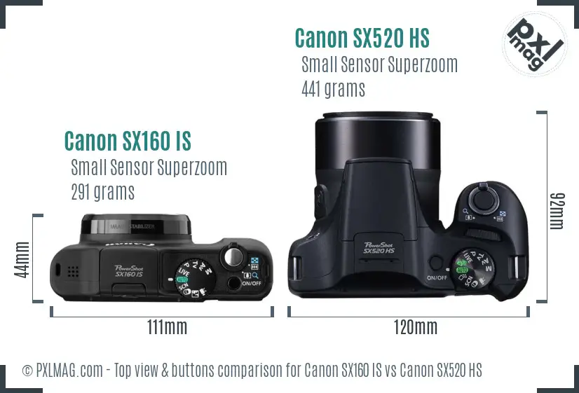 Canon SX160 IS vs Canon SX520 HS top view buttons comparison
