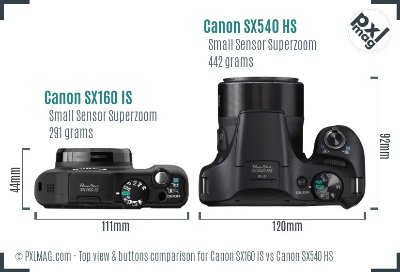 Canon SX160 IS vs Canon SX540 HS top view buttons comparison